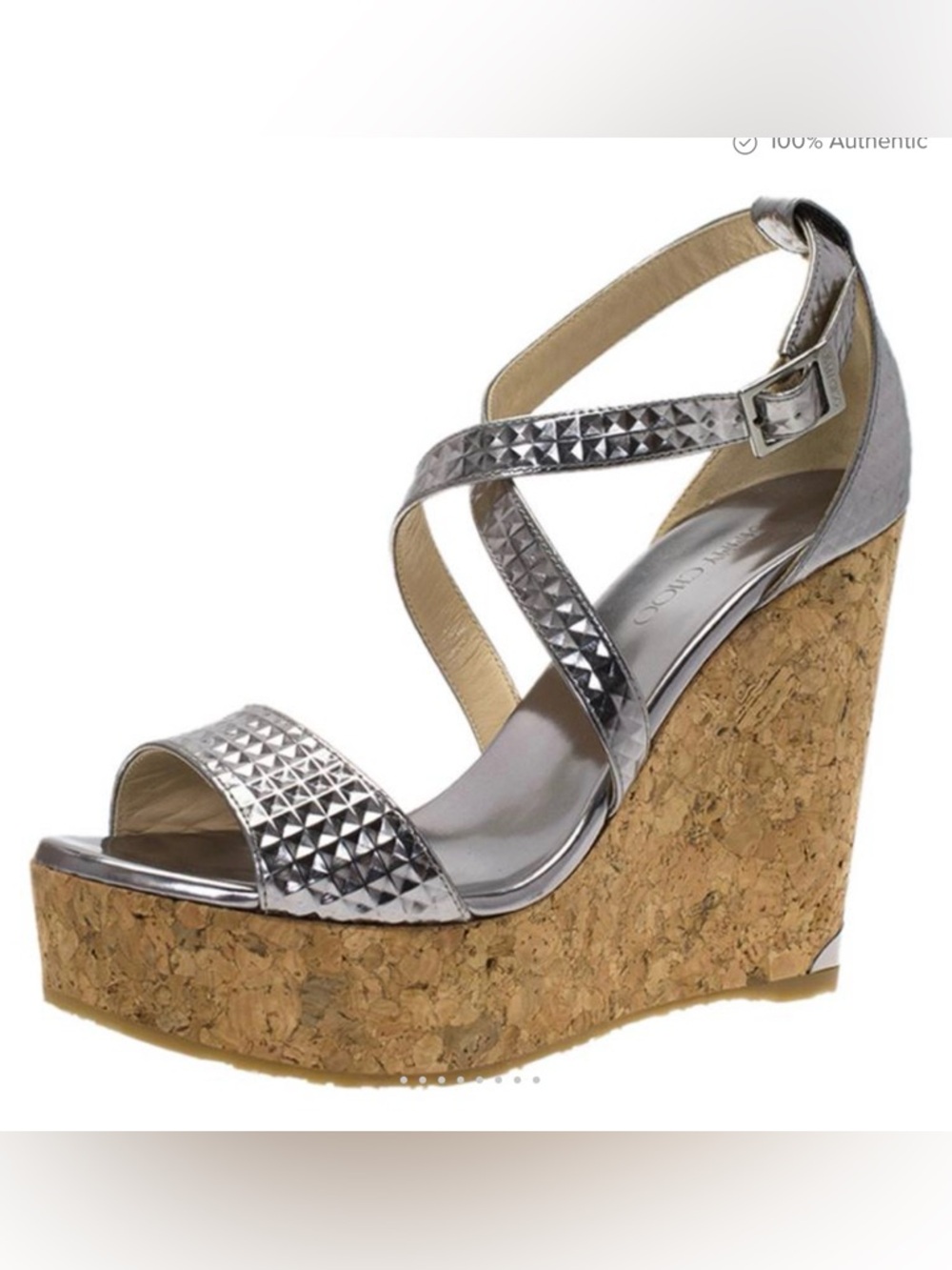 Jimmy Choo Portia Embossed Silver Cork Wedge Sandals Size 38